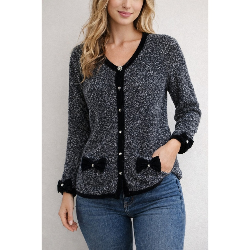 Mandal Bay Women's L Boucle Cardigan Black Velvet Trim Rhinestone Bows Y2K